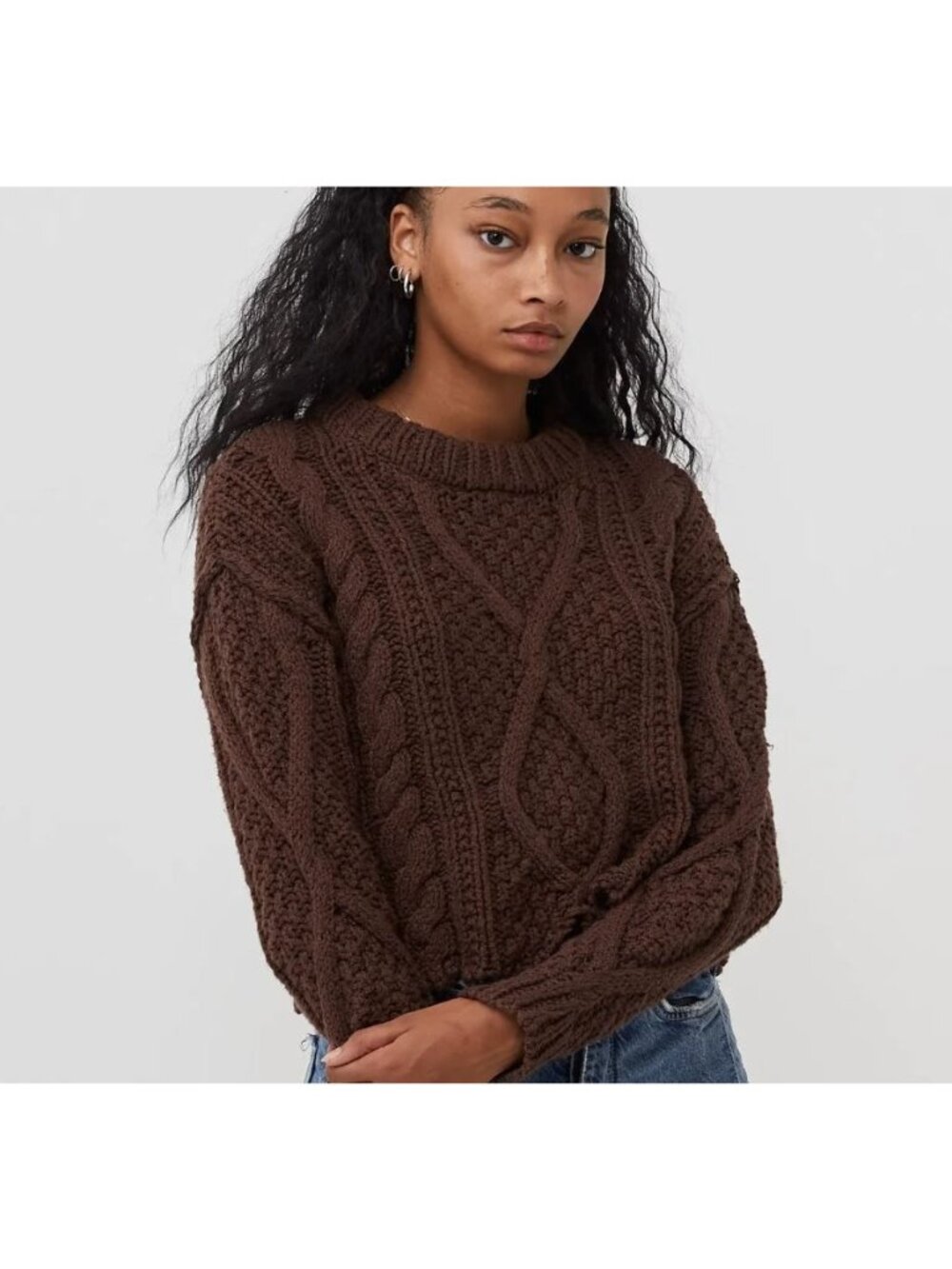 NWT Free People Cutting Edge Cable Knit Sweater Chocolate Lava Brown  XL $148